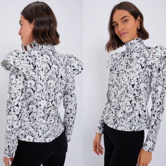Tuckernuck NEW Gray Gardens Floral Long Sleeve Mock Neck Bowden Top Size M - Picture 2 of 7